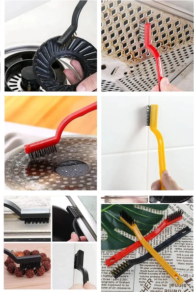 3 Parça Tel Fırça Detaylı Temizlik Seti Mutfak fırın davlumbaz yağ çıkarma lavabo köşe temizleyici fırça seti - Resim 5