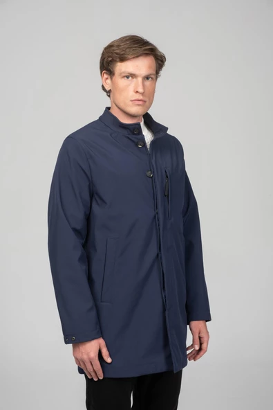 Erkek Soft Jel Kumaşdan Dik Yaka Önü Düğmeli Astarsız Fit Klasik Kaban - 12