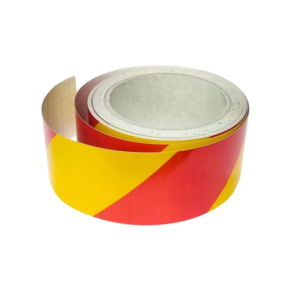 Reflektörlü Yapışkanlı Parlayan Fosfor Sarı Kırmızı Reflektif Düz Şerit Bant 5 cm 10 Mt İkaz Bandı - 4