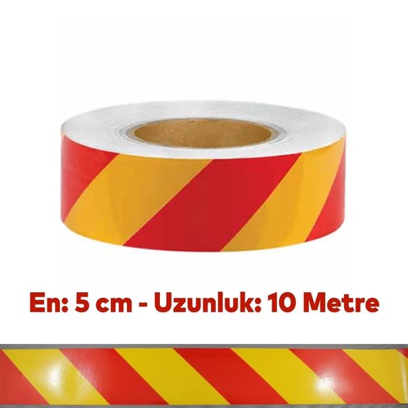 Reflektörlü Yapışkanlı Parlayan Fosfor Sarı Kırmızı Reflektif Düz Şerit Bant 5 cm 10 Mt İkaz Bandı - 5