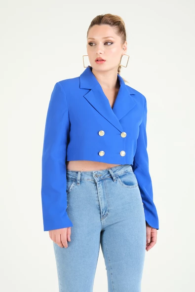 Kadın Crop Düğmeli Ceket Saks Mavi