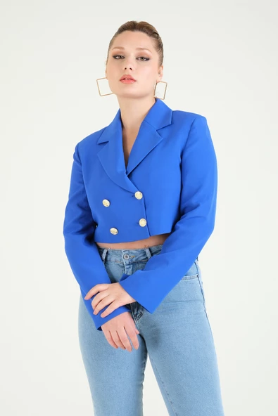 Kadın Crop Düğmeli Ceket Saks Mavi - 2