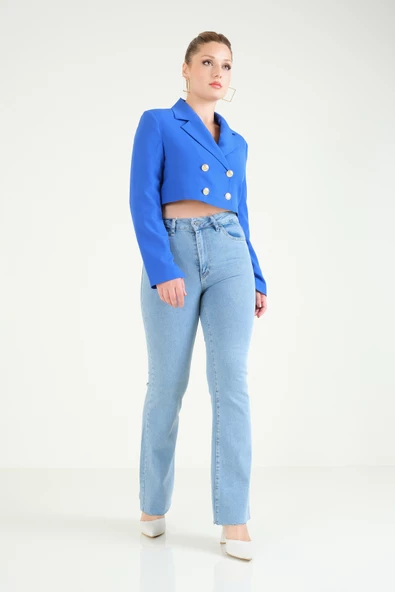 Kadın Crop Düğmeli Ceket Saks Mavi - 6