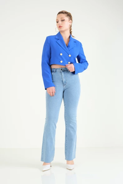 Kadın Crop Düğmeli Ceket Saks Mavi - 5