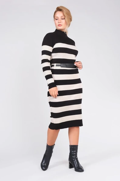 Kadın Kemerli Çizgili Triko Elbise Siyah - 5