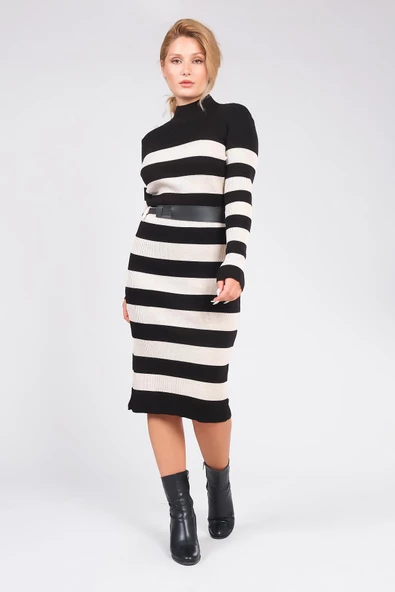 Kadın Kemerli Çizgili Triko Elbise Siyah - 4