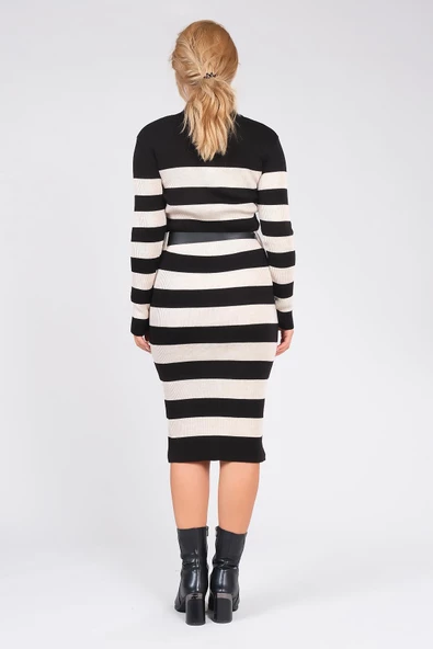 Kadın Kemerli Çizgili Triko Elbise Siyah - 6