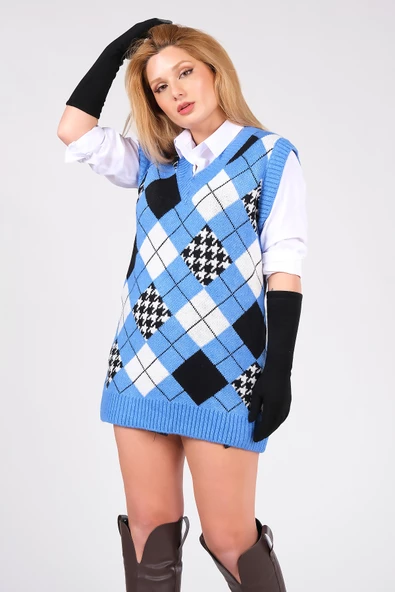 Kadın Baklava Desen Oversize Triko Süveter Mavi