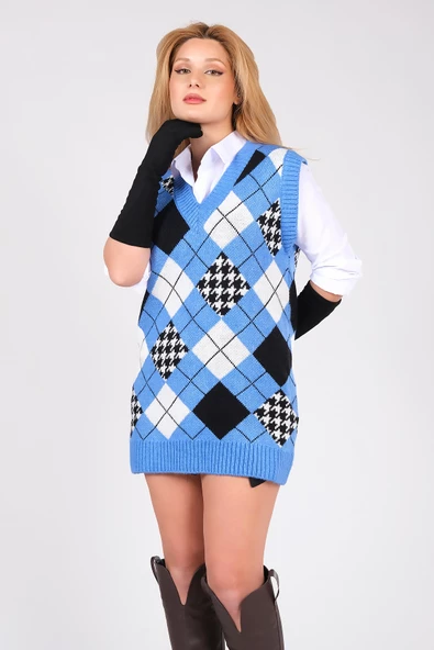 Kadın Baklava Desen Oversize Triko Süveter Mavi - 3