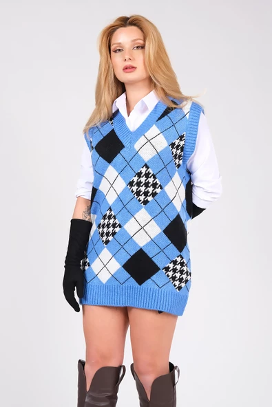 Kadın Baklava Desen Oversize Triko Süveter Mavi - 4