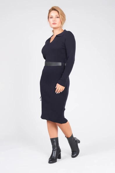 Kadın Polo Yaka Kemerli Triko Elbise Lacivert - 3