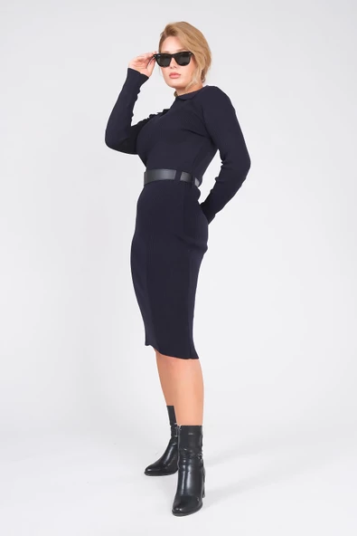 Kadın Polo Yaka Kemerli Triko Elbise Lacivert