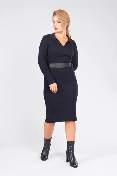 Kadın Polo Yaka Kemerli Triko Elbise Lacivert - 4