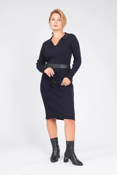 Kadın Polo Yaka Kemerli Triko Elbise Lacivert - 5