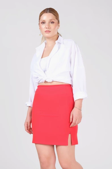 Kadın Astarlı Yan Yırtmaçlı Etek Kırmızı - 3