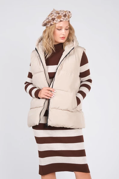 Kadın Kapüşonlu Şişme Yelek Taş - 4