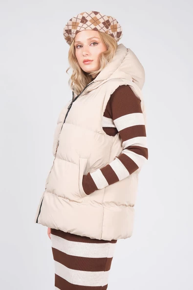 Kadın Kapüşonlu Şişme Yelek Taş - 3