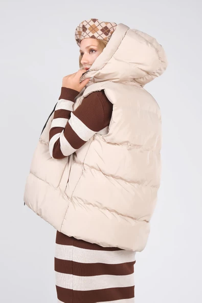 Kadın Kapüşonlu Şişme Yelek Taş - 6