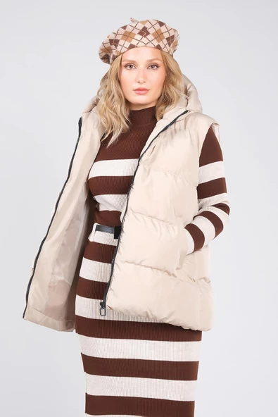 Kadın Kapüşonlu Şişme Yelek Taş - 5