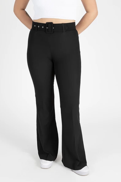 Kadın Kemerli İspanyol Paça Pantolon Siyah - 5