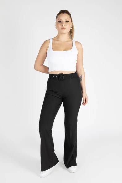 Kadın Kemerli İspanyol Paça Pantolon Siyah