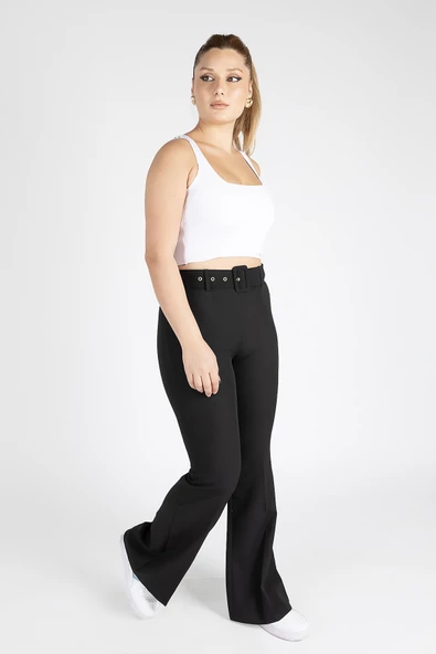 Kadın Kemerli İspanyol Paça Pantolon Siyah - 2