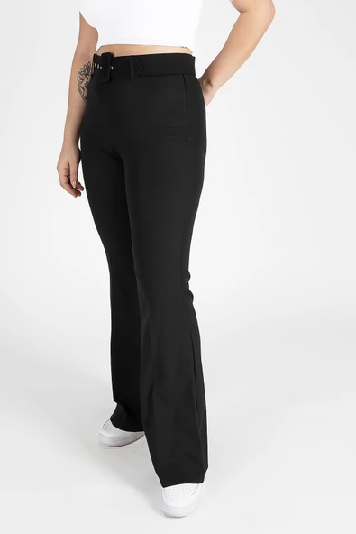 Kadın Kemerli İspanyol Paça Pantolon Siyah - 4