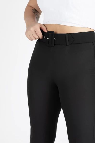 Kadın Kemerli İspanyol Paça Pantolon Siyah - 6