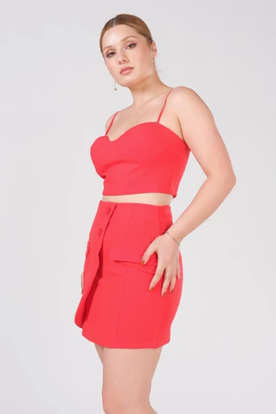 Kadın Cep Detaylı Etek Kırmızı - 3