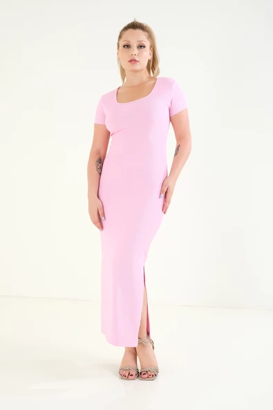 Kadın Yan Yırtmaç Detaylı Elbise Pembe - 3