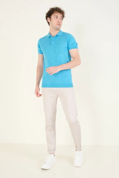 Erkek Çıtçıtlı Desenli Polo Yaka Merserize T-Shirt Mavi - 4