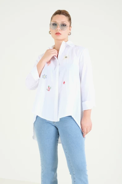 Kadın Oversize İşlemeli Gömlek Beyaz - 2