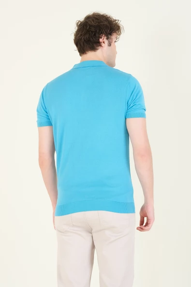 Erkek Çıtçıtlı Desenli Polo Yaka Merserize T-Shirt Mavi - 5