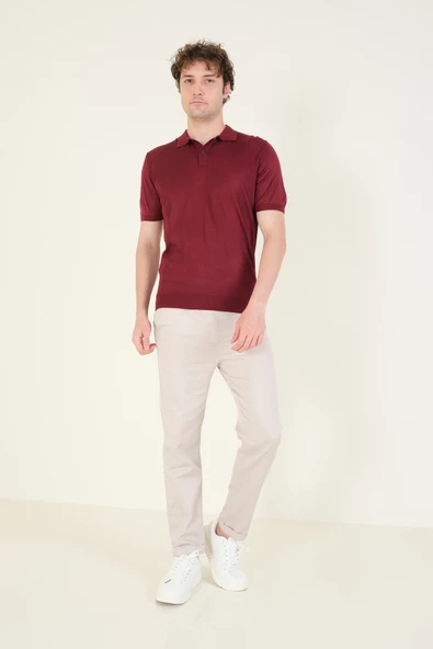 Erkek Yanları Desenli  Polo Yaka  Merserize T-Shirt Bordo - 4