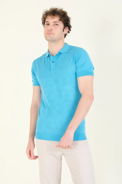 Erkek Çıtçıtlı Desenli Polo Yaka Merserize T-Shirt Mavi - 2