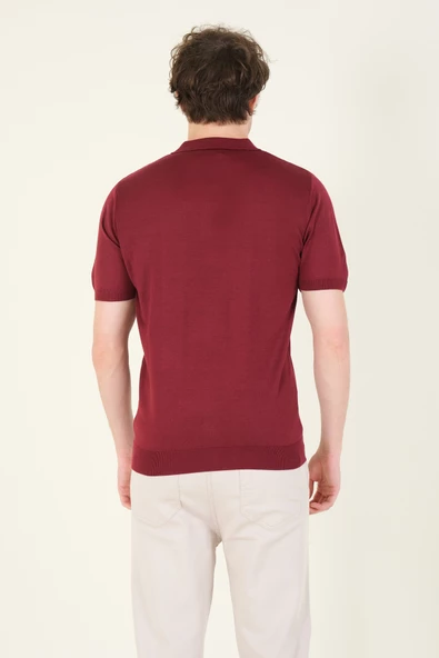 Erkek Yanları Desenli  Polo Yaka  Merserize T-Shirt Bordo - 6