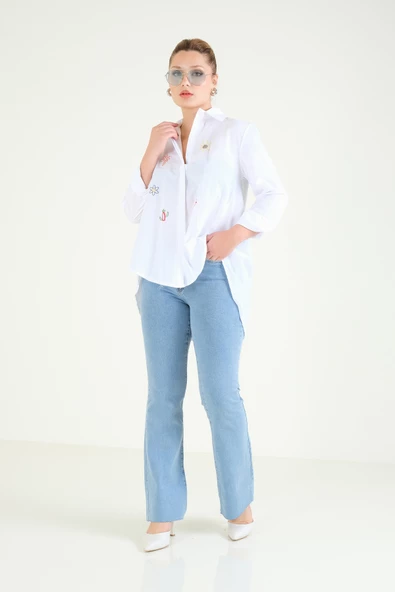 Kadın Oversize İşlemeli Gömlek Beyaz - 5