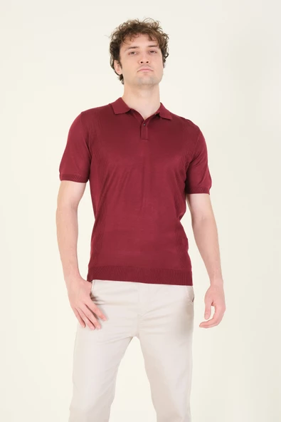 Erkek Yanları Desenli  Polo Yaka  Merserize T-Shirt Bordo - 3
