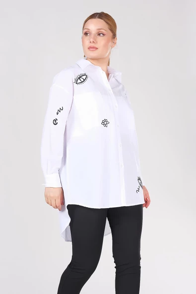 Kadın İşlemeli Overize Gömlek Beyaz - 5