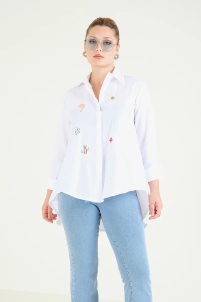 Kadın Oversize İşlemeli Gömlek Beyaz - 3