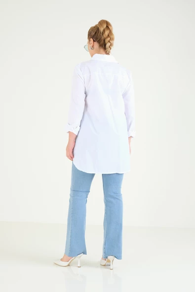 Kadın Oversize İşlemeli Gömlek Beyaz - 6