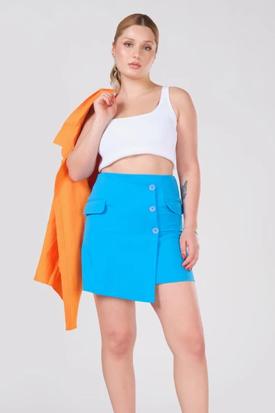 Kadın Cep Detaylı Etek Mavi