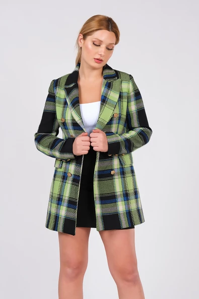 Kadın Metal Düğme Detay Ekose Desenli Ceket Yeşil