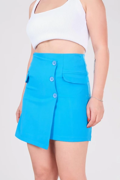 Kadın Cep Detaylı Etek Mavi - 4