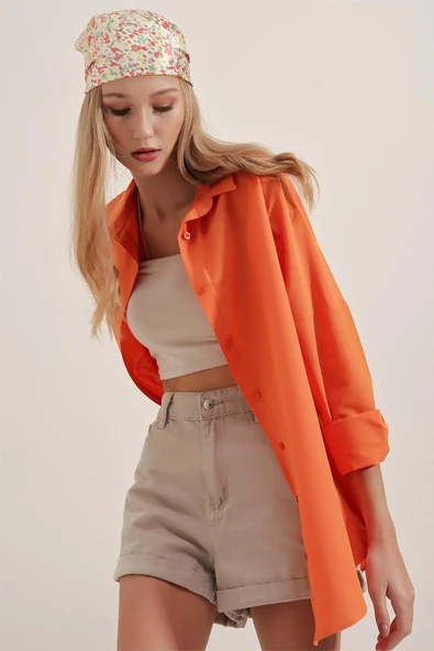 Kadın Oversize Gömlek Turuncu - 6