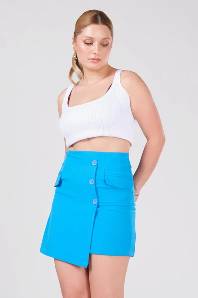 Kadın Cep Detaylı Etek Mavi - 2