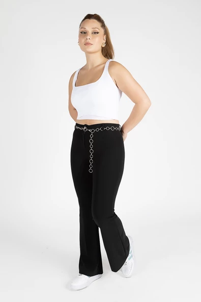 Kadın Zincir Kemerli İspanyol Pantolon Siyah