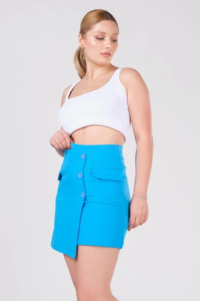 Kadın Cep Detaylı Etek Mavi - 3