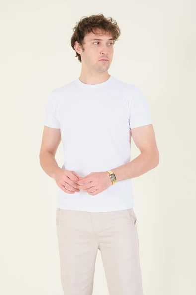 Erkek Sıfır Yaka Basic T-Shirt Beyaz - Resim 3
