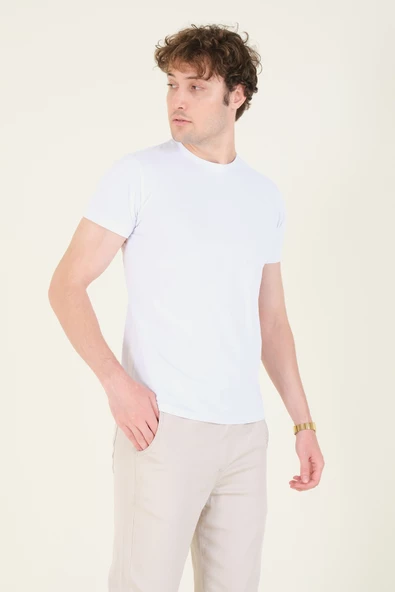 Erkek Sıfır Yaka Basic T-Shirt Beyaz - Resim 2